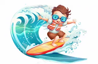 冲浪的少年男孩浪花运动卡通人物插画免抠