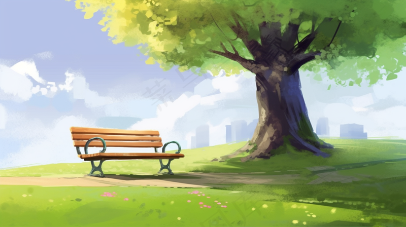 春天草坪大树下的椅子春季生长绿色卡通插画背景(4368x2448)