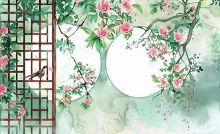 古风工笔画插画海棠樱花花鸟植物立春春天山水风景水彩背景
