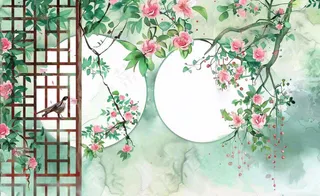 古风工笔画插画海棠樱花花鸟植物立春春天山水风景水彩背景