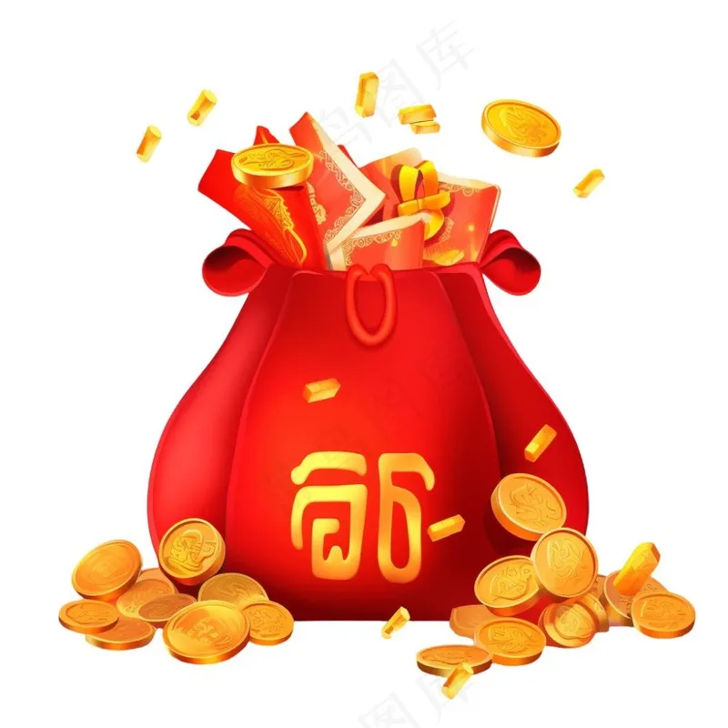 大吉卡通新年福袋金元宝简约福袋金子金币国潮新年元素免抠(1024x1024)