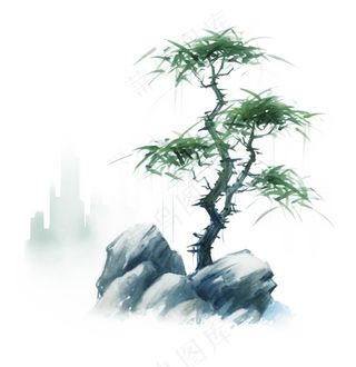 水墨松树枫树山石植物手绘中国风古风国画水彩插画免抠