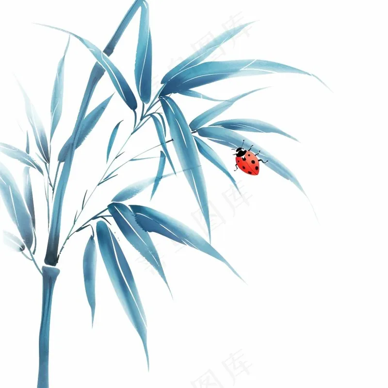 竹叶上的昆虫翠蓝水墨中国风插画免抠(1024x1024)