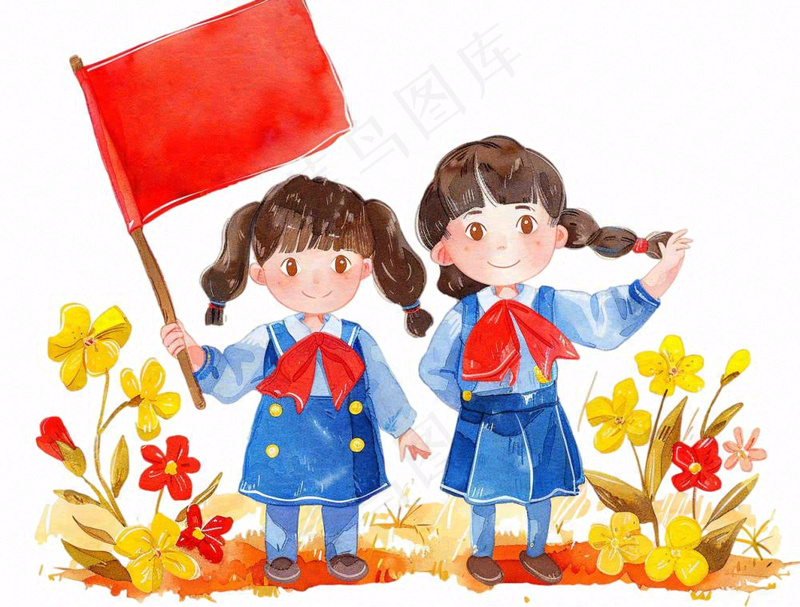 学生举着旗帜红旗青少年青年祖国花朵国庆人物卡通插画免抠(1264x960)