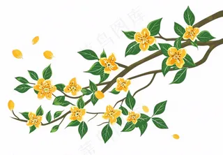 金秋桂花黄花树枝卡通插画免抠
