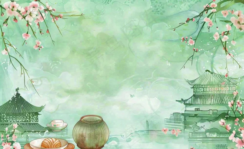 春天桃花春茶茶壶燕子清明山水国画中国风水墨插画背景茶文化采茶(1408x864)