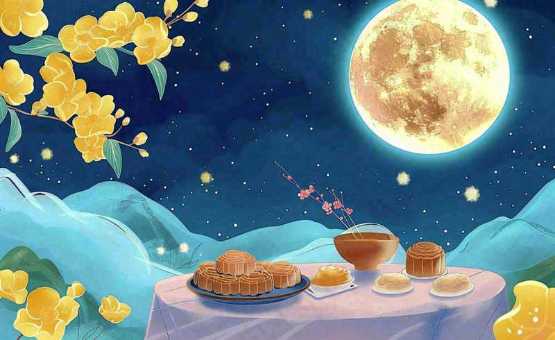 中秋夜晚赏月月饼饮茶黄花菊花桂花国风插画背景(1408x864)