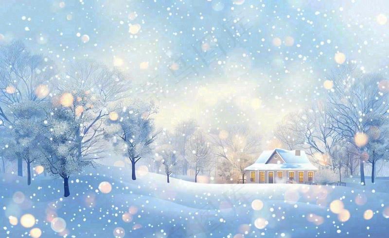 冬天雪景森林小屋夜晚灯光温暖白雪皑皑小雪大雪冬至立冬卡通插画背景