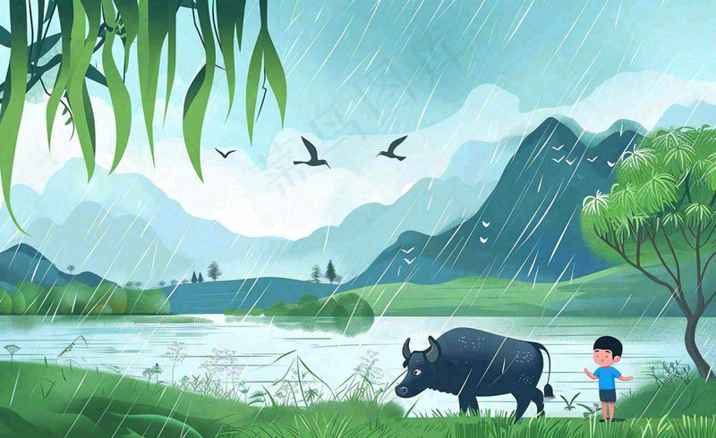 春天下雨天牧童放牛河流柳树雨水谷雨清明卡通插画背景