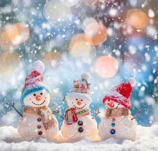 冬天雪地堆雪人唯美光圈温馨雪花飘零立冬冬至小雪大雪圣诞摄影图