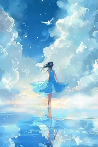 水池中的少女天空之境插画背景