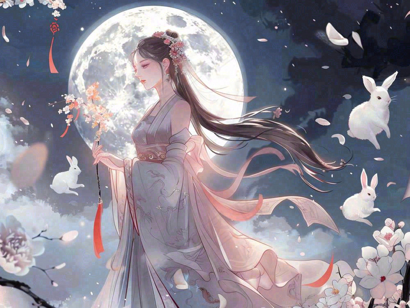 中秋节嫦娥玉兔月下嫦娥插图卡通唯美手绘古风插画背景(1232x928)