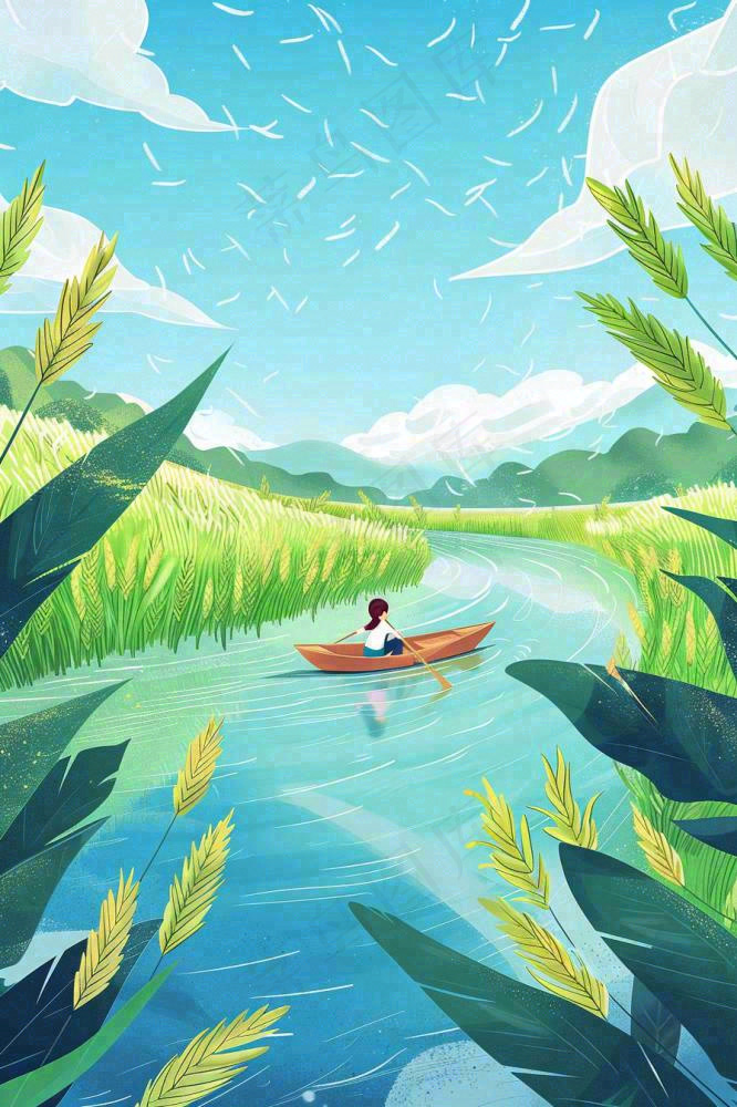 春天小麦田里的河流女孩坐船小麦麦穗小满芒种惊蛰卡通插画背景