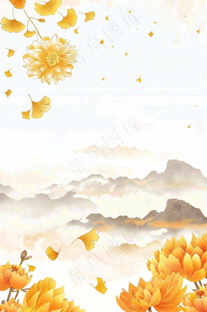 秋天黄了的银杏树银杏叶落叶菊花立秋重阳节秋分白露水墨插画背景(896x1344)