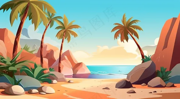 夏日海滩椰子树海浪卡通插画背景 夏日海滩椰子树海浪卡通插画背景
