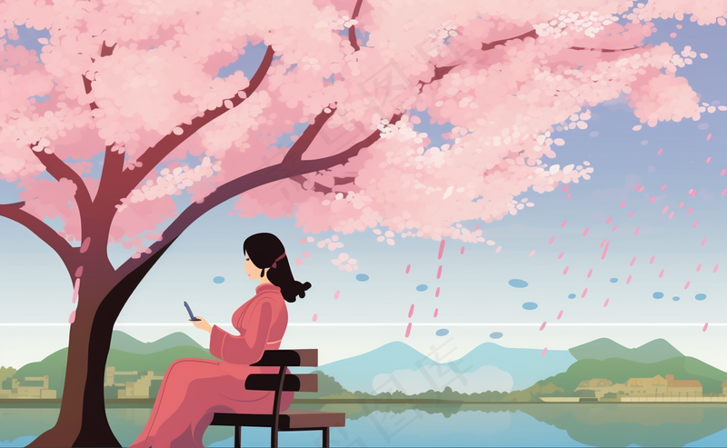 春天樱花树下的女生人物卡通插画背景(4032x2484)