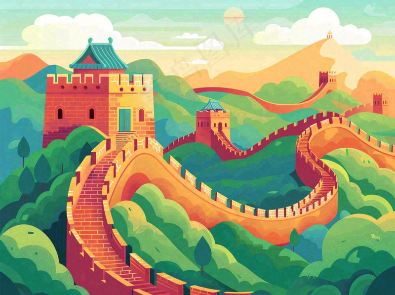 万里长城中国山河国潮插画北京旅游景点八一建军节红色文化卡通插画背景(1264x944)