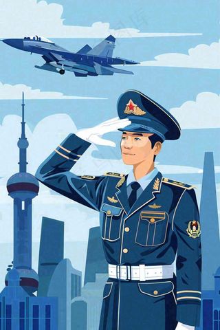 军人城市飞机蓝色建军卡通插画背景
