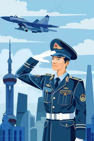 军人城市飞机蓝色建军卡通插画背景
