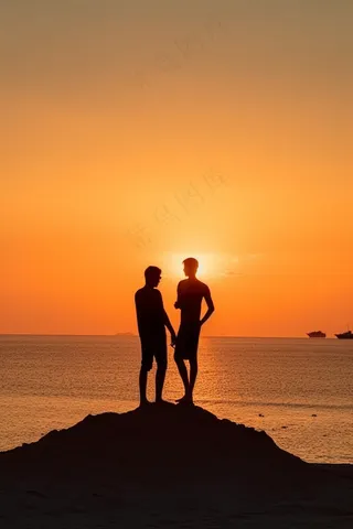 夕阳落日海洋沙滩玩耍的人晚霞美景摄影图