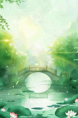 春夏绿意风景小清新荷花池塘拱桥绿荫阳光惊蛰春分立夏夏至水彩插画背景