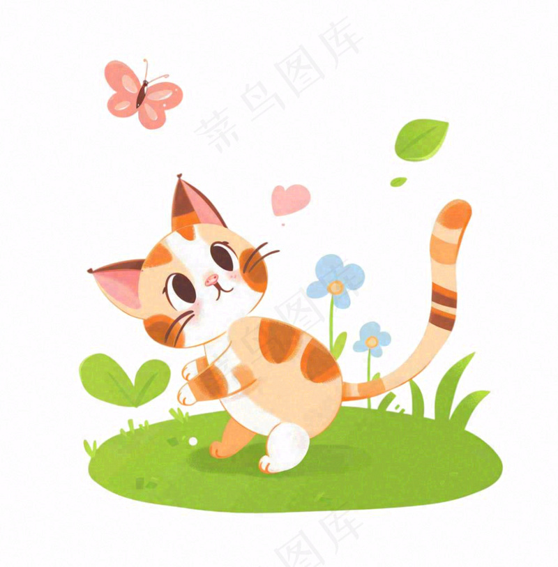 可爱的猫咪宠物草丛扑蝴蝶卡通插画免抠
