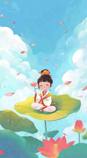 夏日荷花荷叶上的女孩古风人物插画蓝天白云立夏夏至插画背景