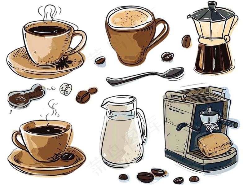 咖啡元素手绘卡通插画素材免抠