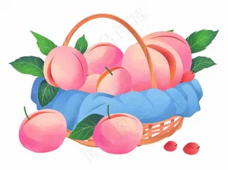 水蜜桃一篮桃子主编蓝水果卡通插画免抠