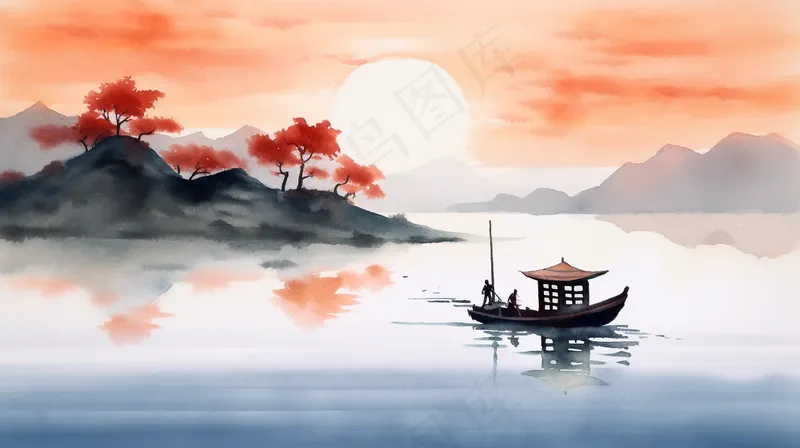 国风山水画江面小船国画水墨画素材背景(4368x2448)