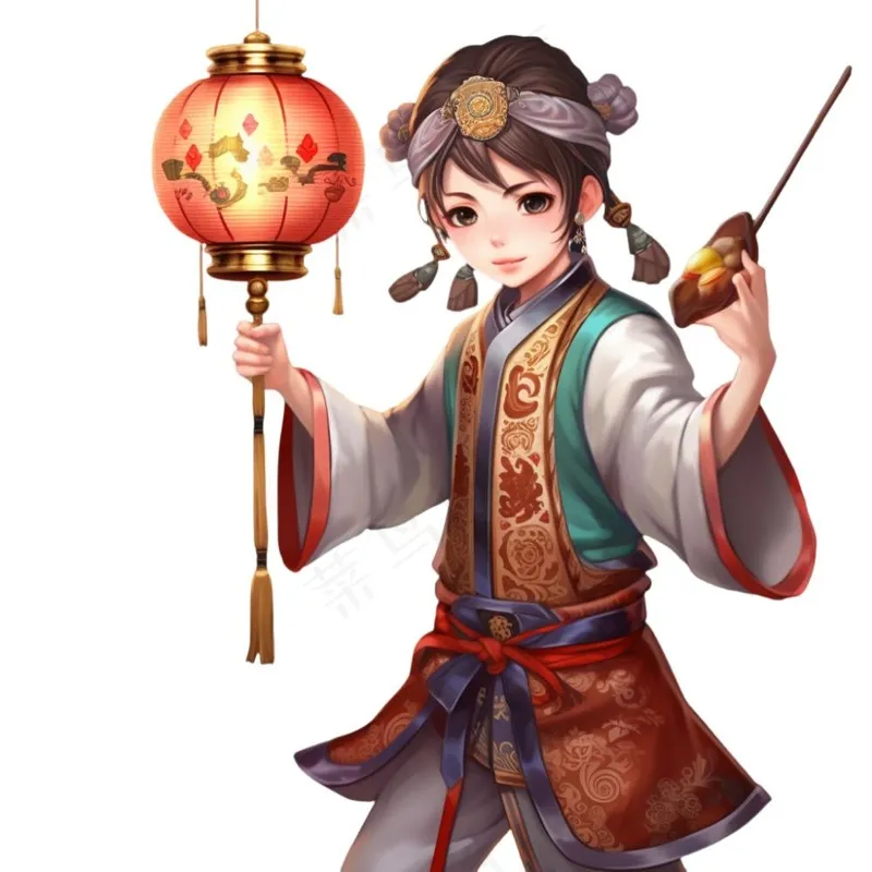 新年儿童拜年张灯结彩国潮春节红色手绘卡通插画免抠(1024x1024)