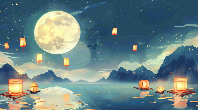 中秋河灯孔明灯中元节风景寒衣节黑夜中元节夜晚月亮唯美插画背景(1456x816)