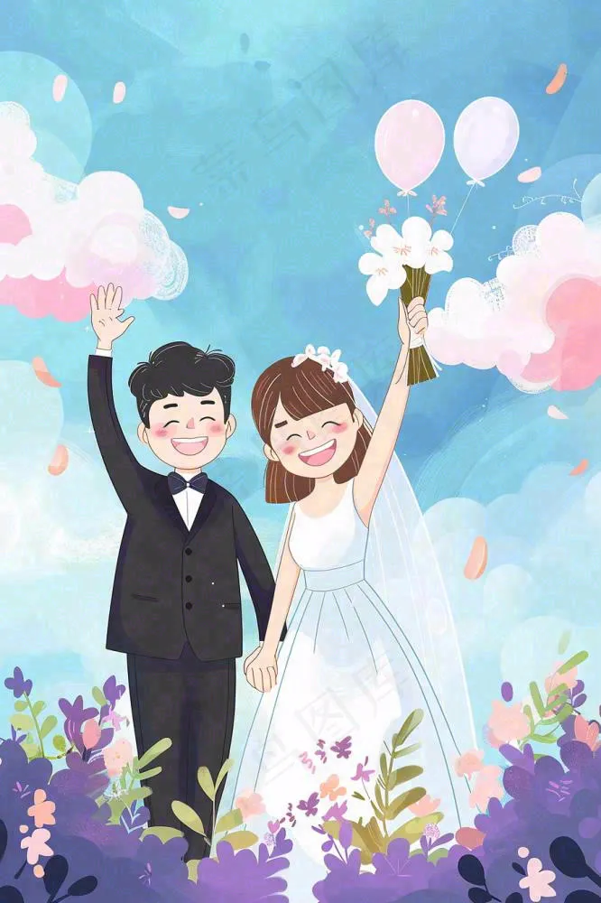 婚礼典礼的夫妻恋人唯美浪漫温馨七夕情人节卡通插画背景(896x1344)