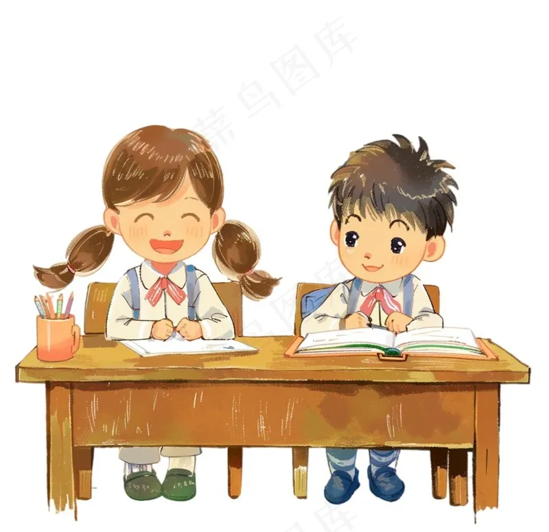 学生们坐着课桌上学习交流写作业卡通插画免抠(1056x1024)