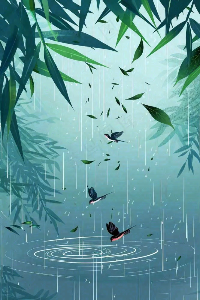 春天大雨磅礴绿叶植物燕子雨滴敲打水面雨水谷雨卡通插画背景(896x1344)