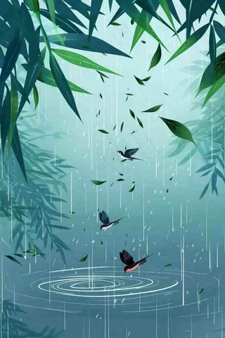 春天大雨磅礴绿叶植物燕子雨滴敲打水面雨水谷雨卡通插画背景