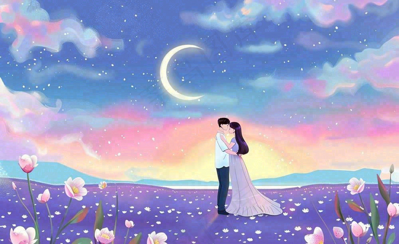 浪漫夜晚月光下花丛里的恋人情侣相拥梦幻场景七夕情人节卡通插画背景