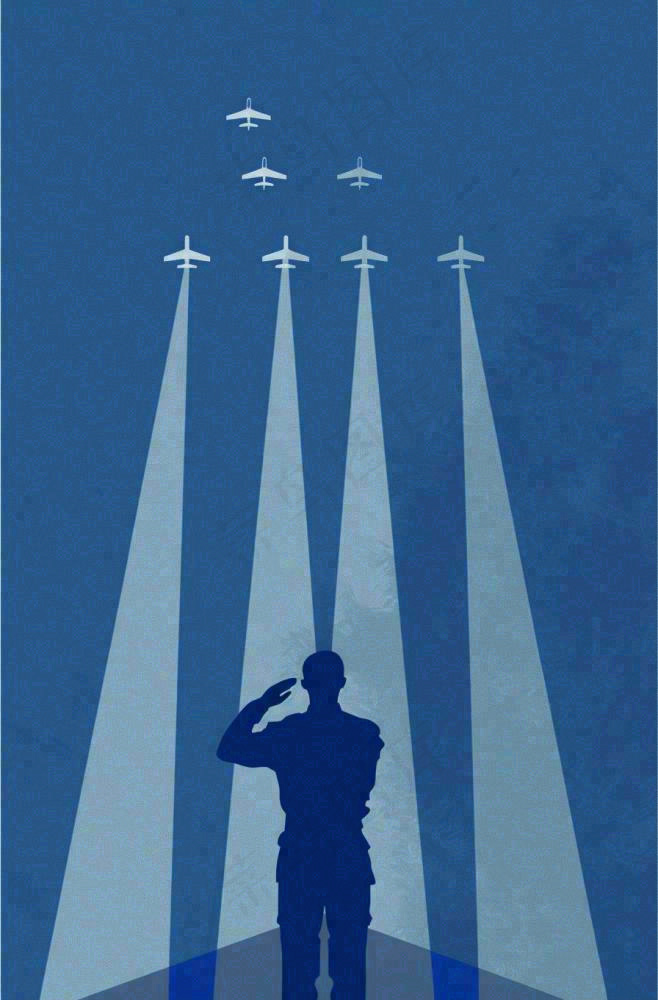 建军蓝色纹理简约军人剪影飞机插画背景