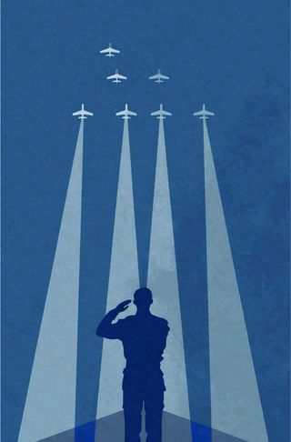 建军蓝色纹理简约军人剪影飞机插画背景