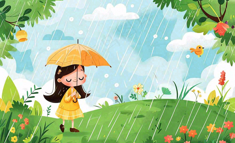 春天雨季女孩打伞在森林公园里嬉戏小草花丛鸟春游踏青雨水谷雨卡通插画背景(1408x864)