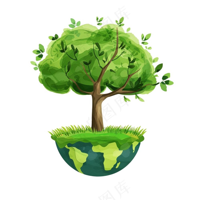 世界地球上的大树绿色卡通插画免抠