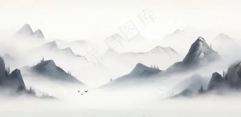 山水水墨画云层山峰中国风插画背景(1568x768)
