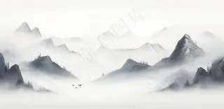 山水水墨画云层山峰中国风插画背景