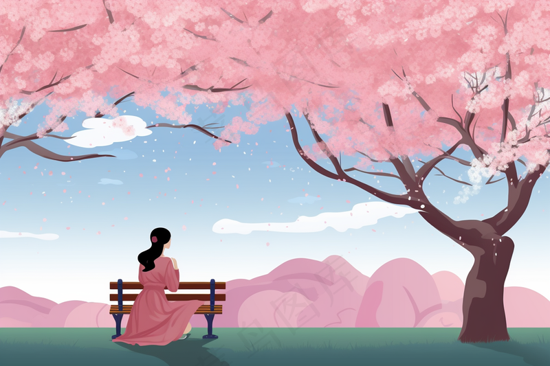 春天樱花树下的女生人物卡通插画背景(4032x2688)