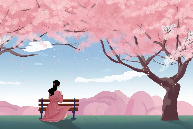 春天樱花树下的女生人物卡通插画背景(4032x2688)