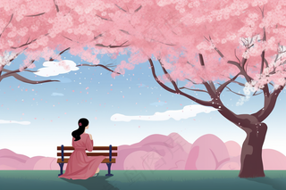 春天樱花树下的女生人物卡通插画背景