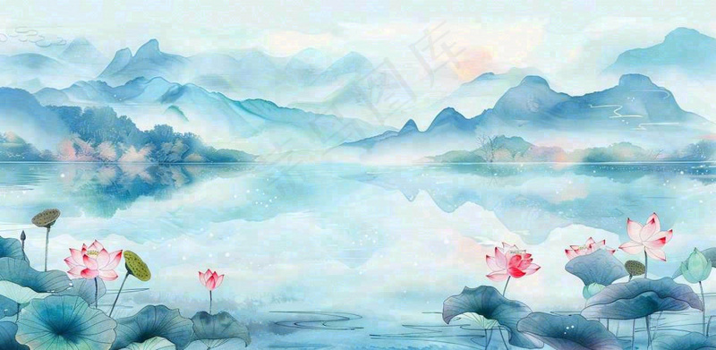 夏天水墨画山水荷花莲花蓝色插画立夏夏至大暑背景(1568x768)