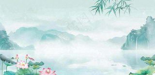 绿色荷花荷叶山水船立夏天夏至中式手绘风景中国风国画大暑小暑插画背景
