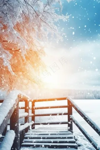唯美雪景冬天光照背景