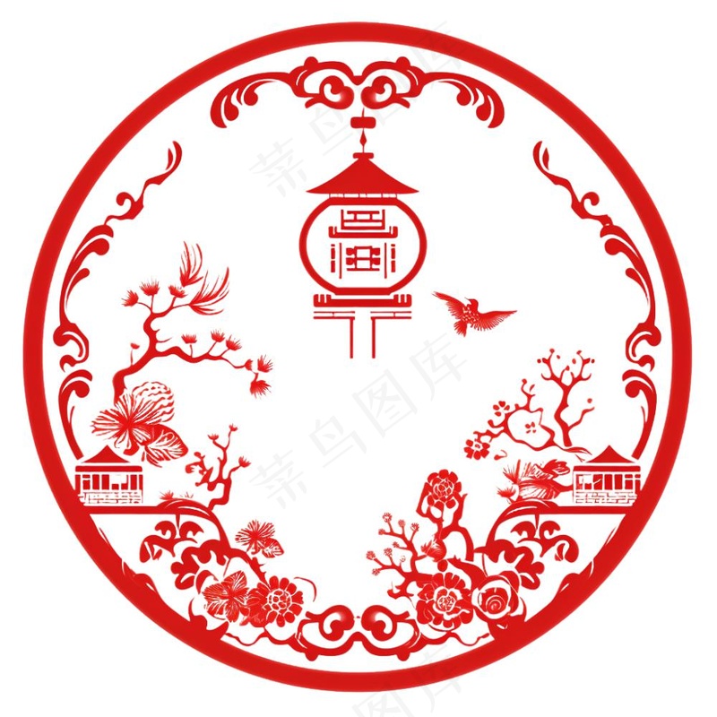 中式红色圆形贴纸窗花插画免抠(1024x1024)